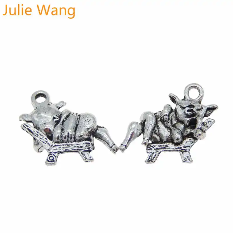 Julie Wang 10PCS Antique Silver Cow lying in Chair Cartoon Animal Charms For Necklace Pendant Bracelet Jewelry Making Accessory