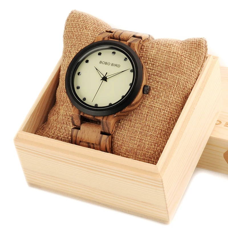 BOBO BIRD PO4 Lightweight Wooden Watches Unique Luminous Dial Mens Watch With Luminous Hands in Gift Box