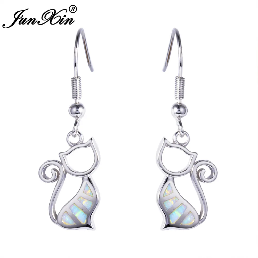 

JUNXIN New Fashion White Opal Earring 925 Sterling Silver Filled Cat Earrings Double Earrings For Women Wedding Jewelry