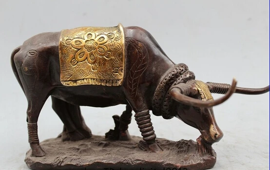

003537 6" China Chinese Folk Feng Shui Bronze Zodiac Year Bull Oxen Statue Sculpture