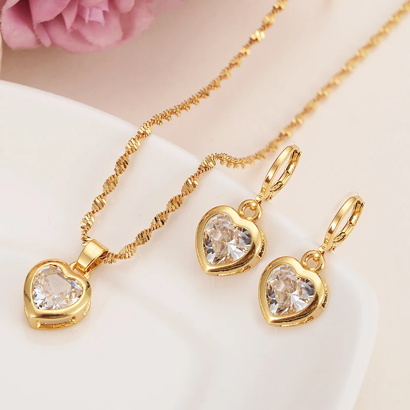 

gold Bridal crystal Jewelry Sets Heart White Blue Green Cubic Zircon Earring Necklace chain Jewelry Sets for Women girls gift