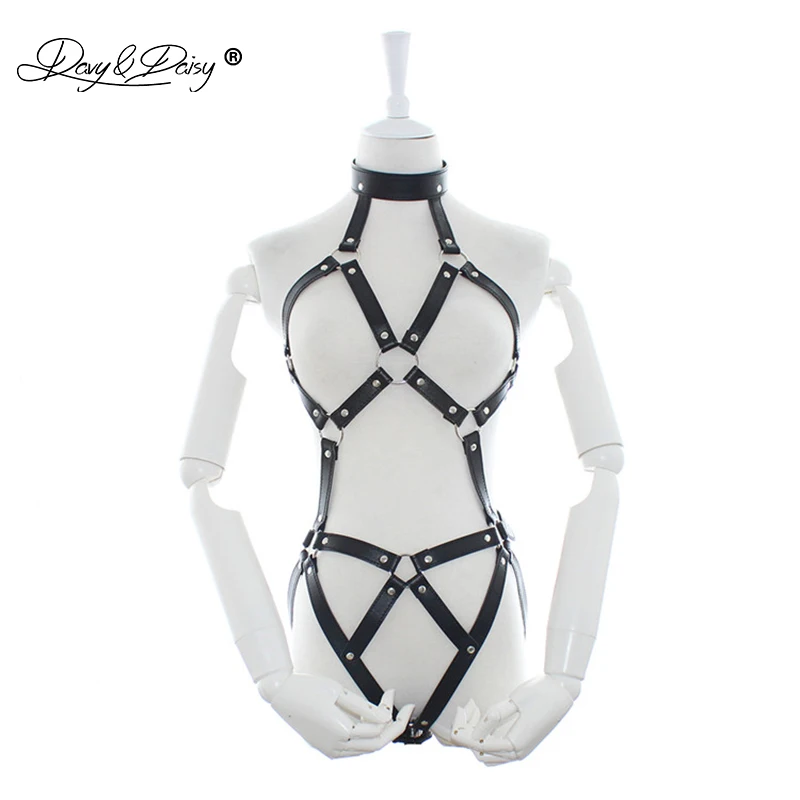 

DAVYDAISY Women Sexy Bodysuits Open Bust Bandage Collar Choker Backless Catsuits PU Leather Sexy Lingerie Sexy Costumes TE524