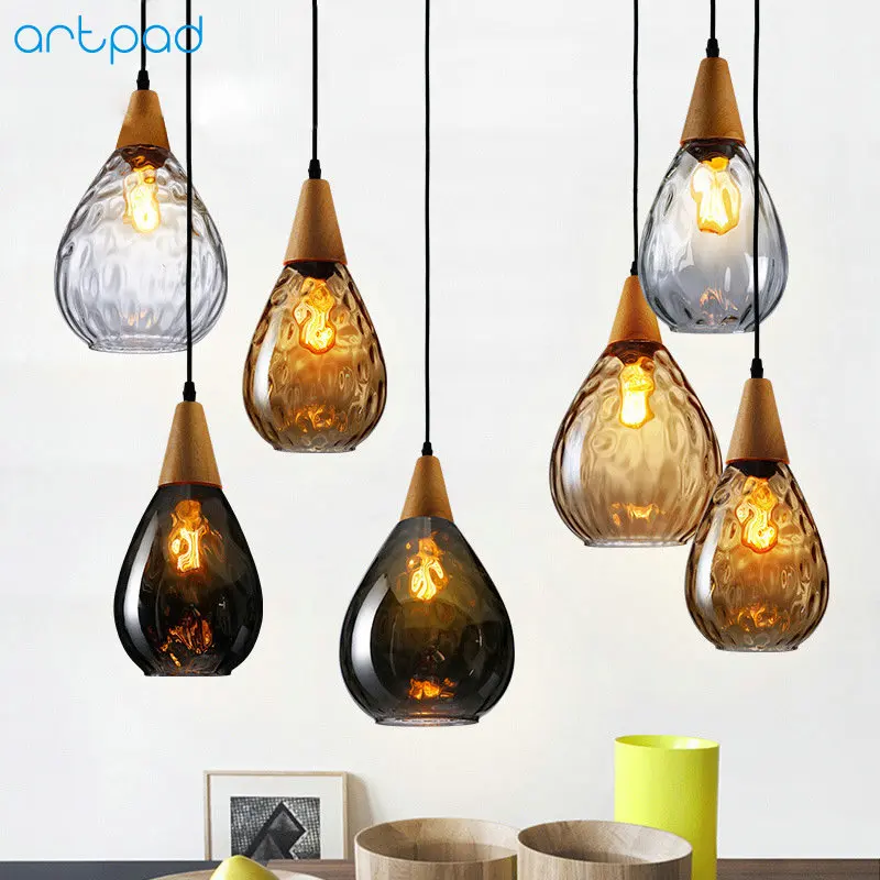 Hot Artpad Nordic Wooden Gl Pendant Light For Living Room Artpad Nordic Wooden Gl Pendant Light For Living Room Water Drop Shape E27 Edison Bulb Led Dining Lamp Hanging Fixtures