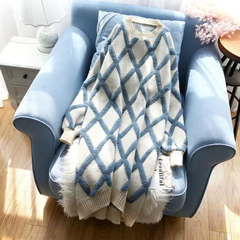 

women sweaters 2019 autumn winter new argyle thicken knitted long lady pullovers outwear coat tops