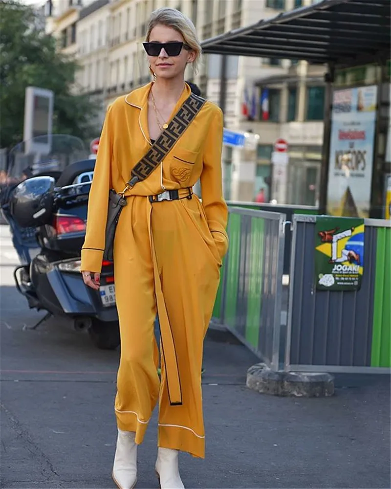 AEL Рыжий желтый свободный Атласный Женский комбинезон на шнуровке контрастного цвета с отворотом модный блогер женская одежда на заказ