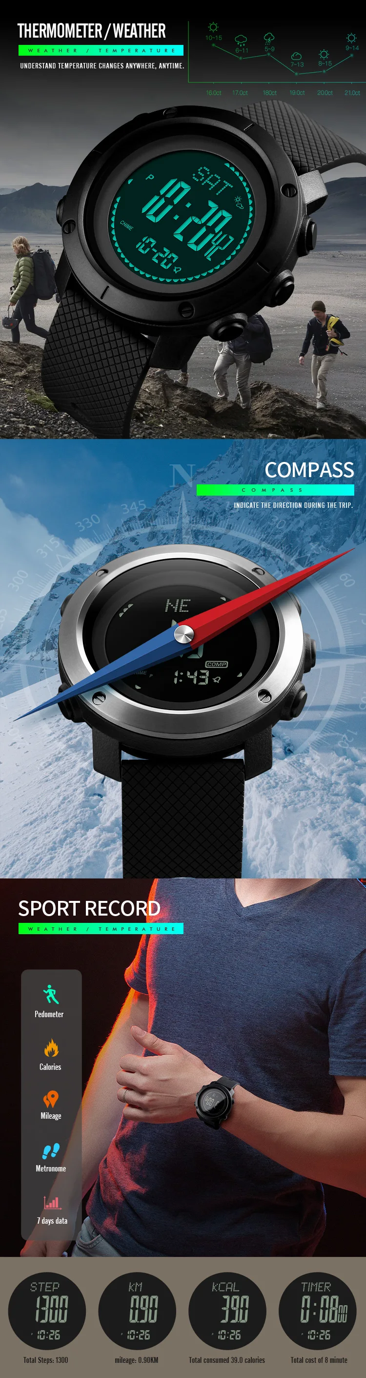 SKMEI Брендовые мужские спортивные часы, альтиметр, барометр, компас, термометр, погода, мужские часы, шагомер, калории, цифровые часы для женщин