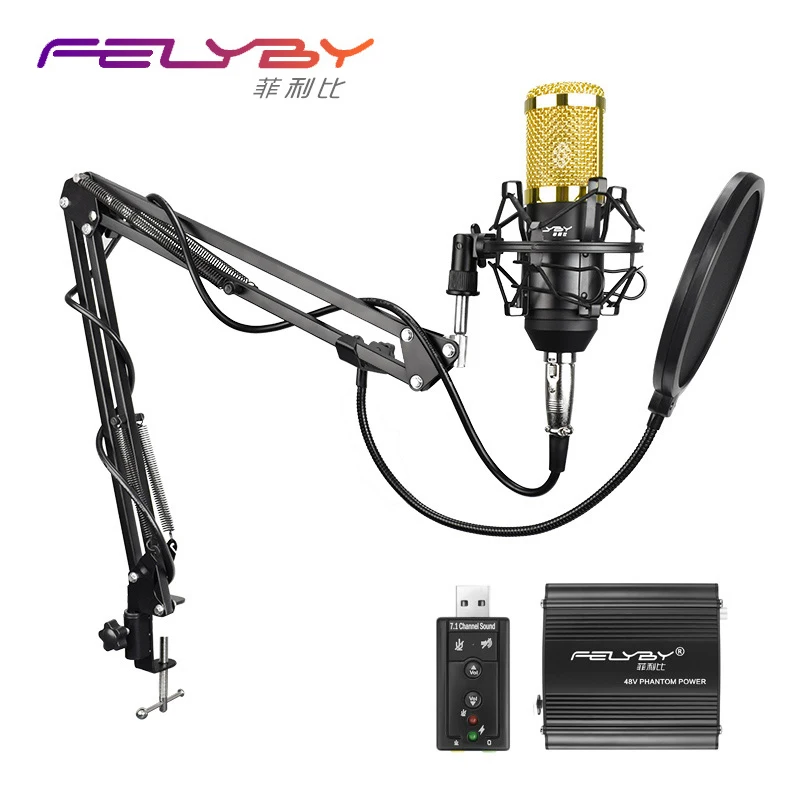 Günstige FELYBY BM800 700 Hohe qualität Professionelle Kondensator Mikrofon podcast studio mic für PC Laptop Phantom power Filter soundkarte