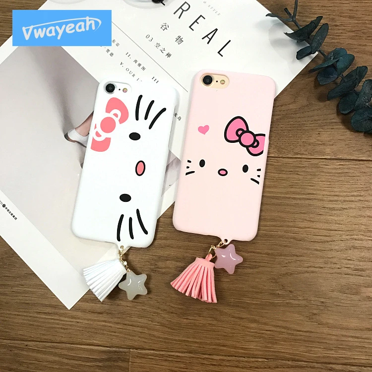 Ins hot With Star Tassel Pendant For iPhone x 10 6 7 8 Plus Lovely Kawaii Japanese Style Cartoon Beard Cat Kitty Candy Pink Case | Мобильные