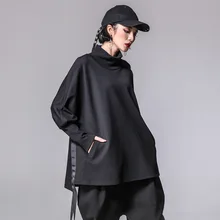 Весна Для женщин высокое уличный стиль Свободные стенд воротник Фонари рукавом Асимметричный футболка Топы корректирующие дамы личности Рубашки для мальчиков