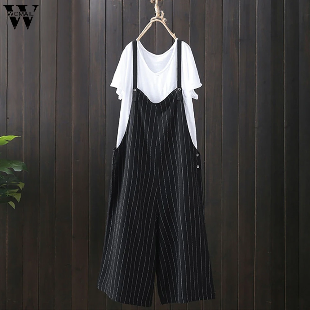 

Womail bodysuit Women Summer Casual Strap Side Pockets Wide Legs Striped Baggy Loose Jumpsuit fashion new 2019 dropship M1