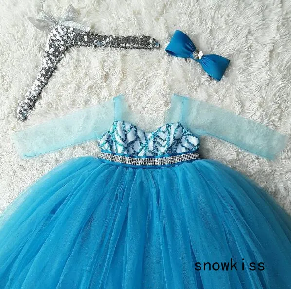 Пышные тюлевые сетчатые длинные рукава, наряд для дня рождения, вечернее платье принцессы с блестками, светло-голубое платье с цветочным рисунком для девочек