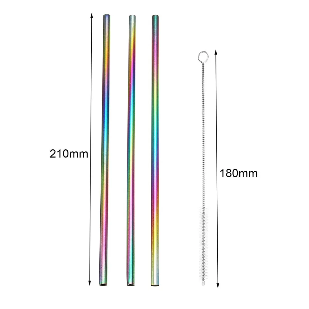 8Pcs 6mm Reusable Rainbow Straight Curved Drinking Straw Stainless Steel Cutlery