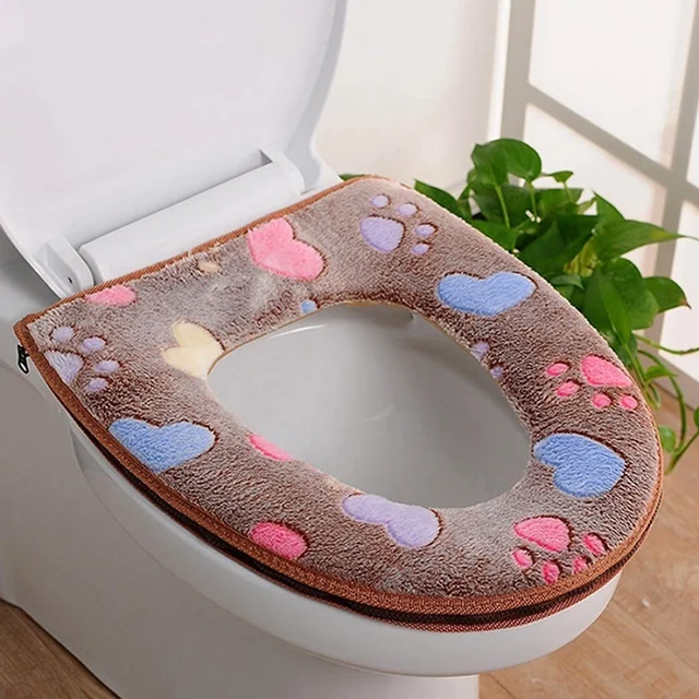 New Zipper Toilet Seat Cover Footprint Warm Plush Winter Bathroom