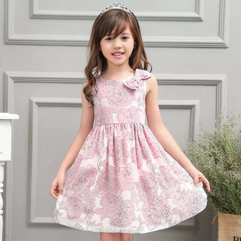 Princess Girls Pink Floral Dresses Summer Baby Girl Flower Pattern Cute