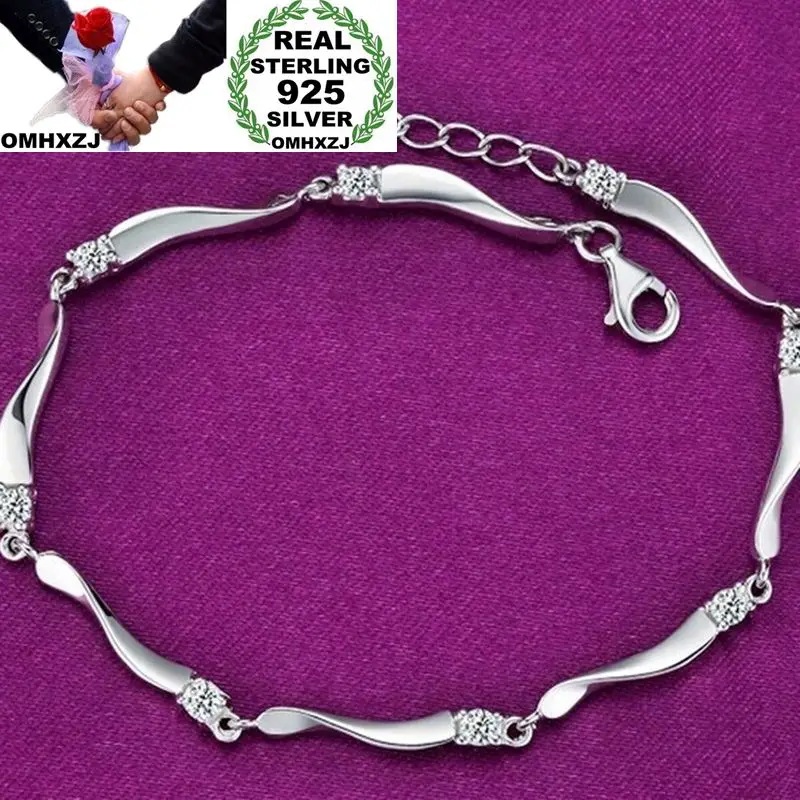 

OMHXZJ Wholesale Personality Fashion OL Woman Girl Party Gift Silver Bamboo Shape Zircon Chain 925 Sterling Silver Bracelet BR35