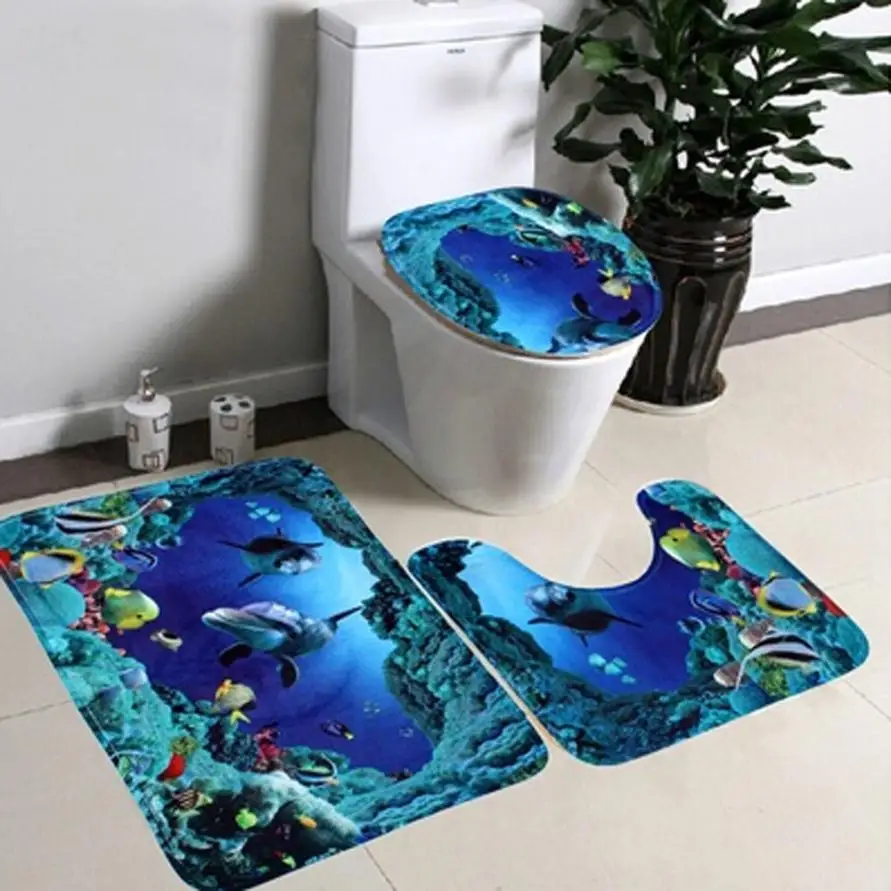 New Qualified 3pcs/set Bathroom Non Slip Blue Ocean Style Pedestal Rug