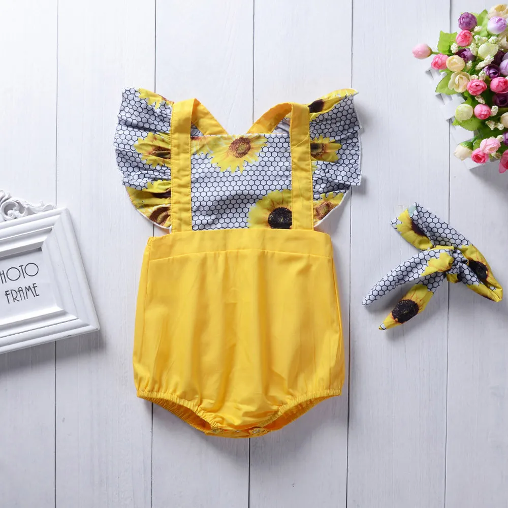 

Infant Baby Romper Girls SunFlower Printed Fly Sleeved Ruffled Patchwork Jumpsuit Outfits Summer Sweet Babies Girl Clothing Set