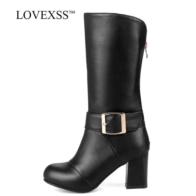 

LOVEXSS Woman Autumn Black Mid Calf Boots Winter White Red Mid Calf Boots Plus Size 34 - 43 Sexy Round Toe High Heeled Shoes