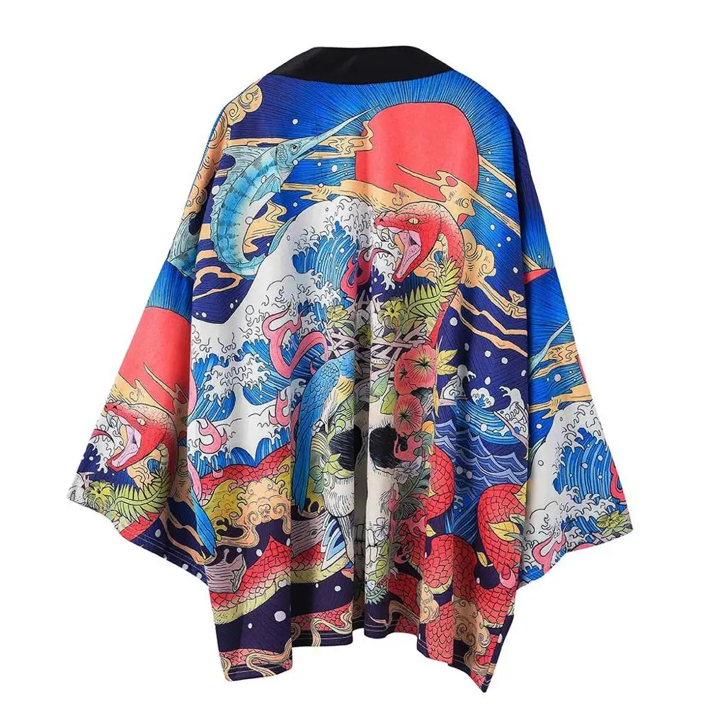 Dragon Printed Japanese Kimono Cardigan Men Haori Yukata Male Samurai Costume Clothing Jacket Shirt
