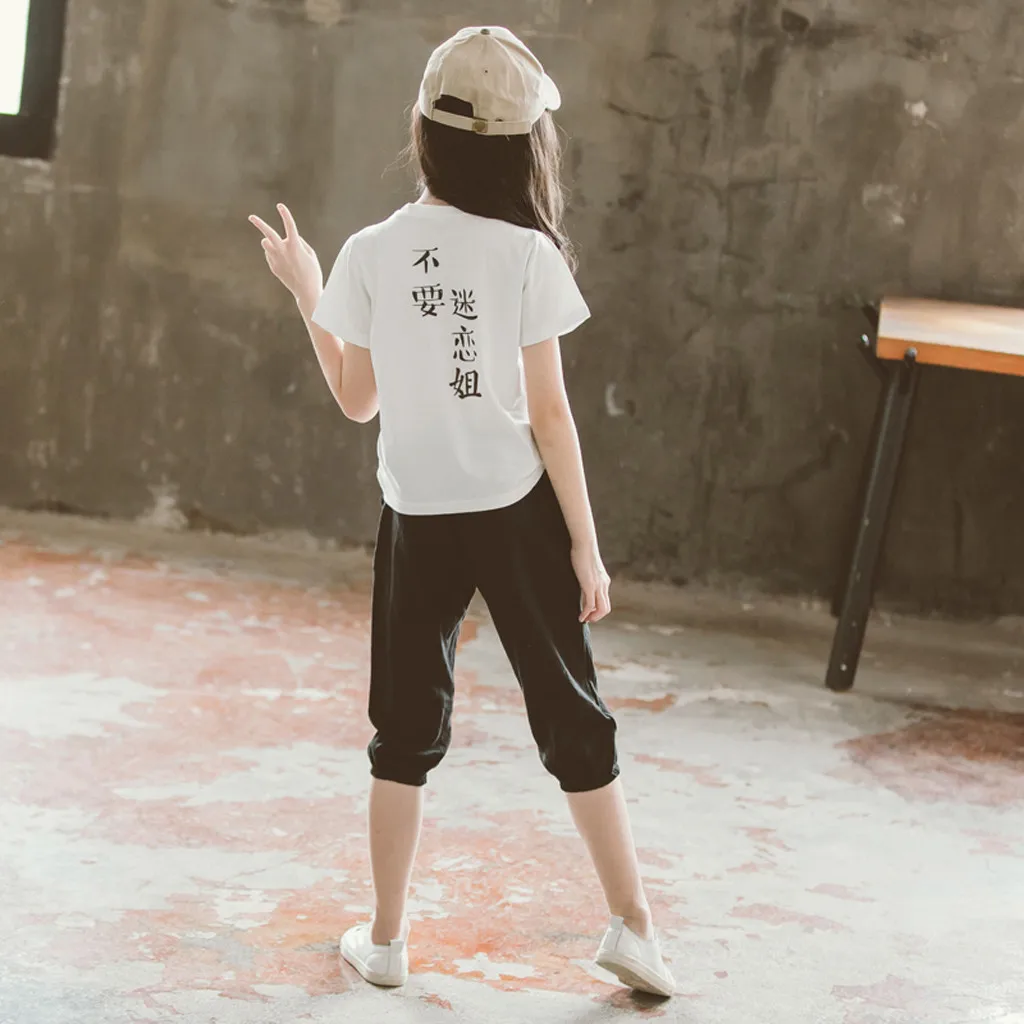Одежда для девочек Детская Повседневная футболка с надписью в китайском стиле для девочек-подростков Топы с короткими рукавами и штаны, комплект одежды, Детский костюм#6