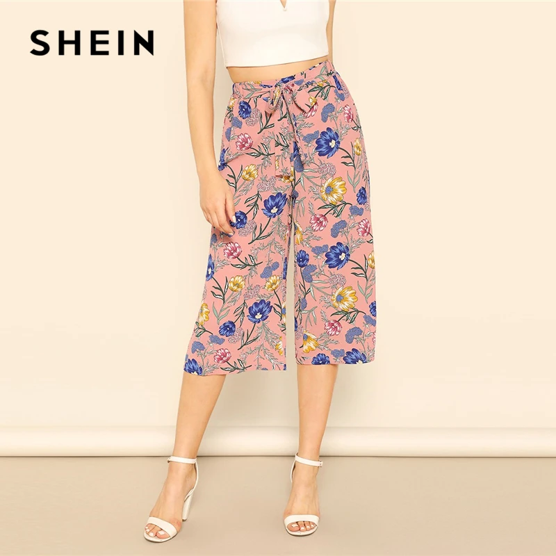 

SHEIN Pink Chiffon Floral Tied Waist Knot Flower Print Capris Pants Women Summer Loose Vacation Beach Wide Leg Capris Trousers