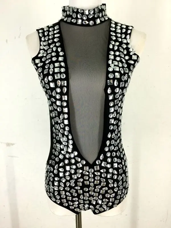 

black skin and red Rhinestone Bodysuit Female Singer DS Dance Stage Costume Women Sexy Black Red Show Jumpsuit Clothing Outfit