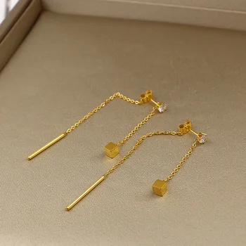 2017 Fashion long section tassel single drill hanging box round rod drop earrings for woman stainless steel gold color earrings