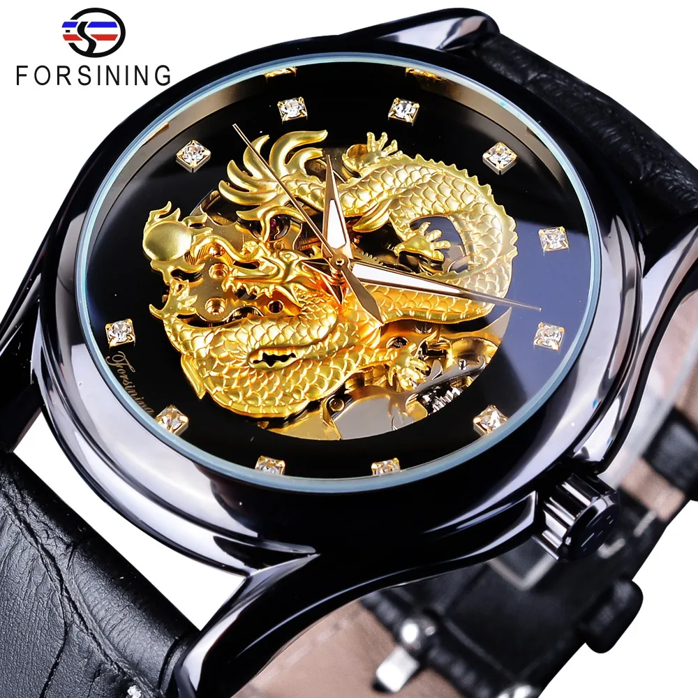 

Forsining Diamond Display Dragon Black Golden Luminous Hand Transparent Men Watch Top Brand Luxury Waterproof Mechanical Watches