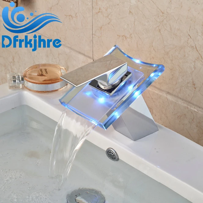 

Free Shipping ! LED Chrome Finish Waterfall Deck Mounted Basin Faucet Single Handle Vessel Sink Mixer tap Single Handle