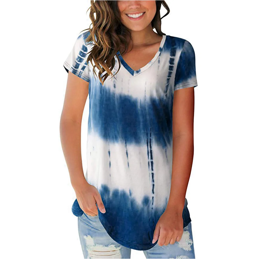 

T Shirt Womenn Summer Tees Tops Tie-dyed Print V Neck Casual tops Flared Short Sleeve Women Tshirt Beach tops mujer verano