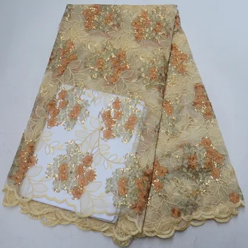 

Free shipping (5yards/pc) cream gold African organza lace fabric with allover embroidery and sequins beads for party dress OP119