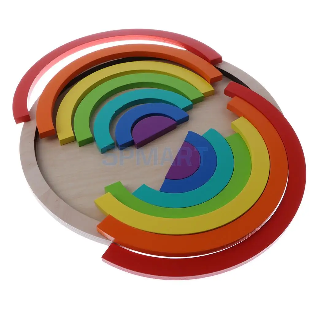 7 Colors 14 Pcs Wooden Stacking Rainbow Shape Bricks Arch Building Blocks Educational Toy Set