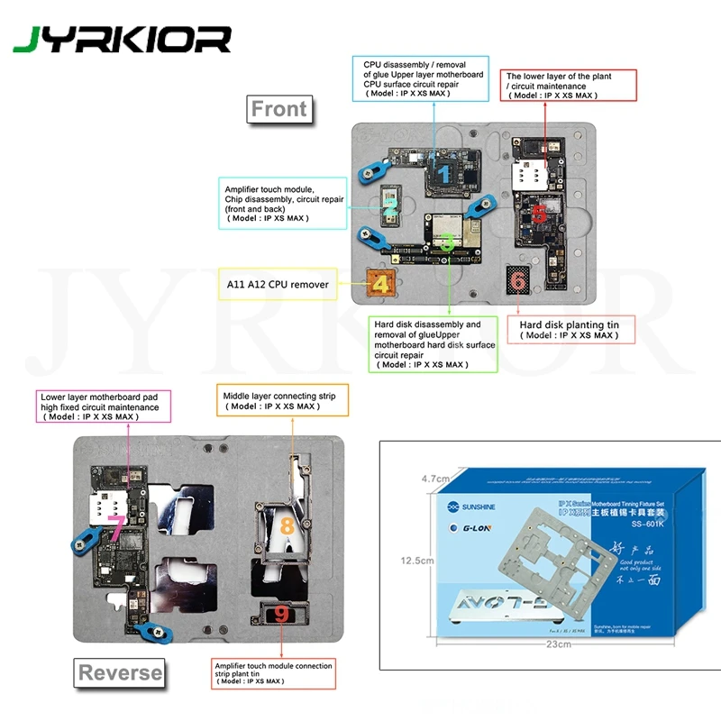 

Jyrkior G-Lon SS-601K For iPhone X / Xs / Xs Max Mainboard BGA Reballing Stencil Plant Tin Set PCB Fixture Platform+Solder Paste