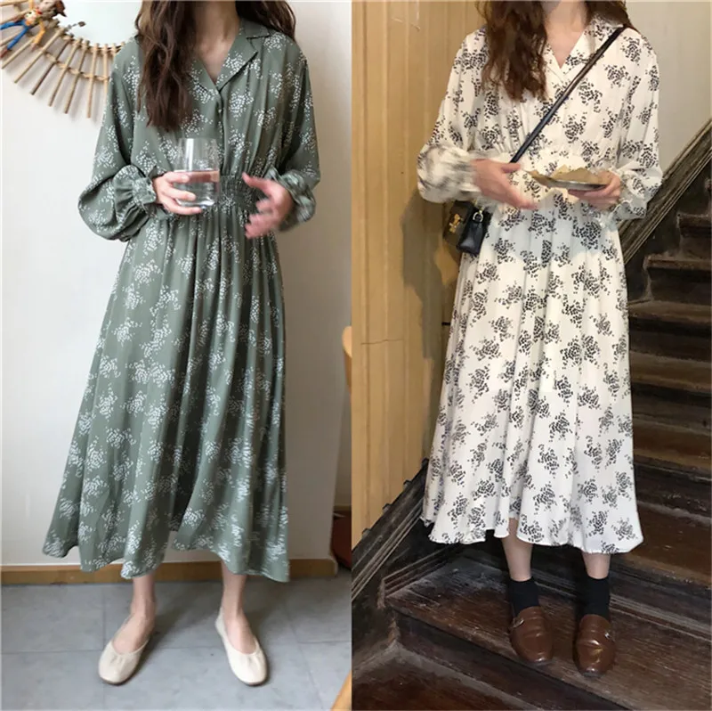 

Women Summer Holiday French Loose A Line Dress Vintage Fashion Retro Printed Slim Chic Dress V Neck Long Flare Sleeve Midi Dress