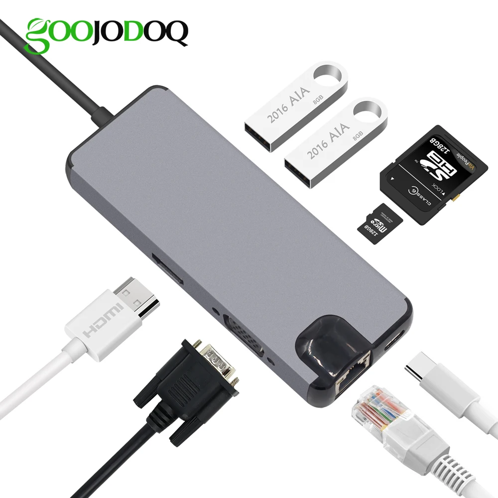 8 в 1 type C концентратор к HDMI 4 видео RJ45 гигабит Ethernet VGA адаптер USB SD TF кард ридер для