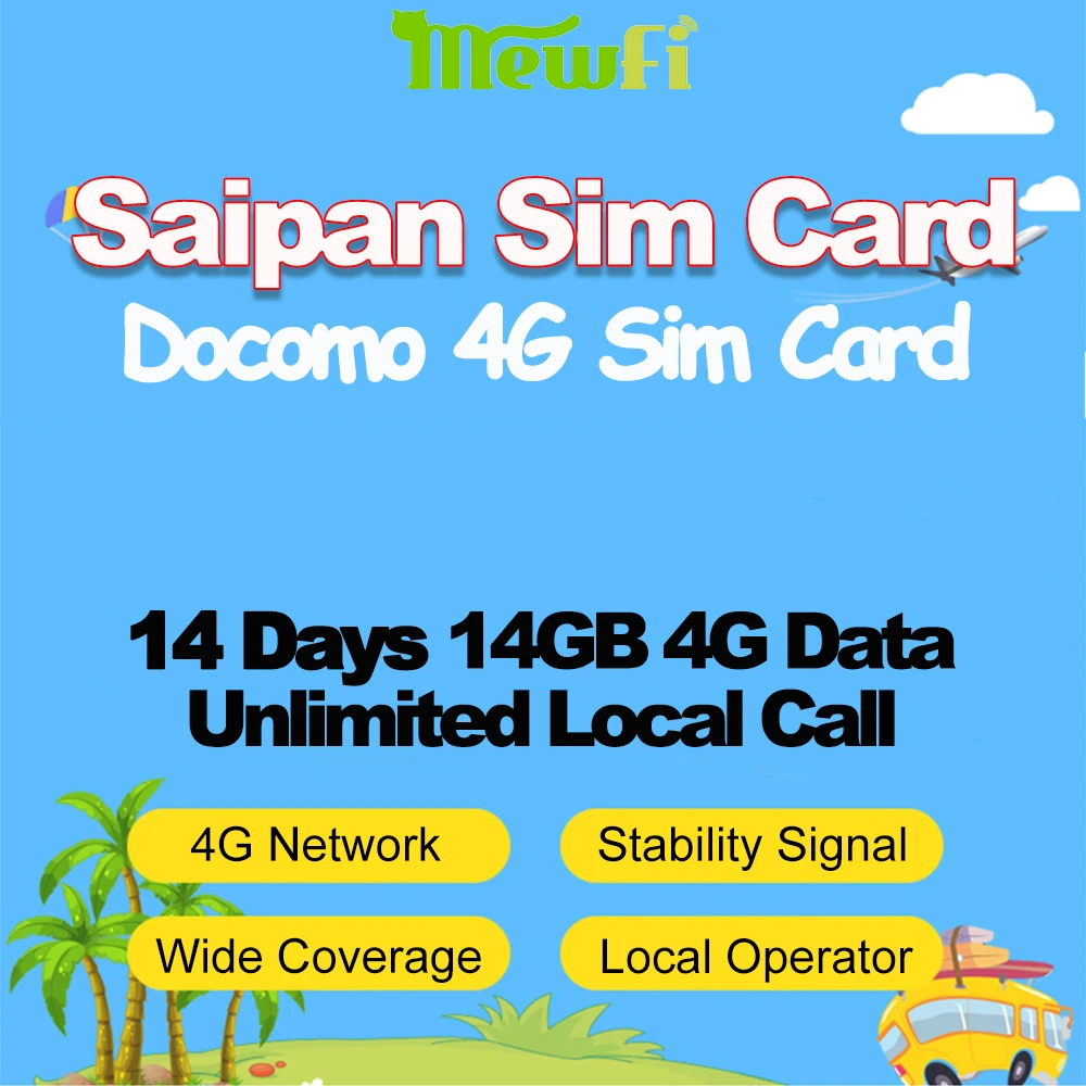 

Mewfi Travel Sim Card 14Days 14GB 4G Date+Unlimited Local Call Universal in Saipan Guam Rota Tinian Native Mobile Phone Sim Card