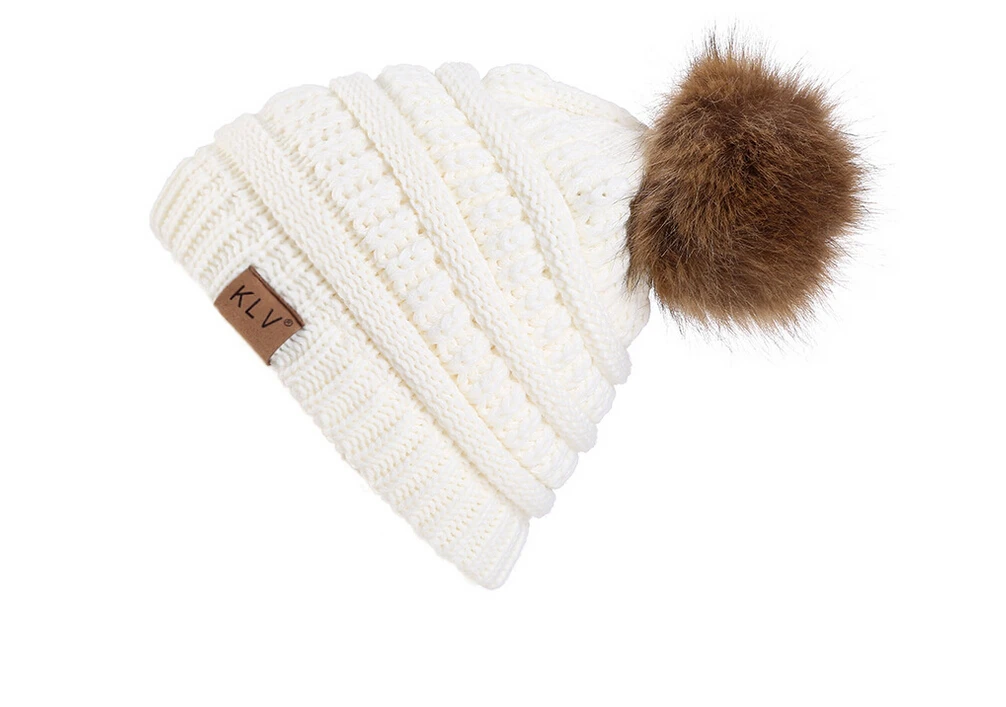 

2019 Winter Hat Women Wool Knit Warm Beanie Large Fur Pom Bobble Hat Knitted Ski Cap