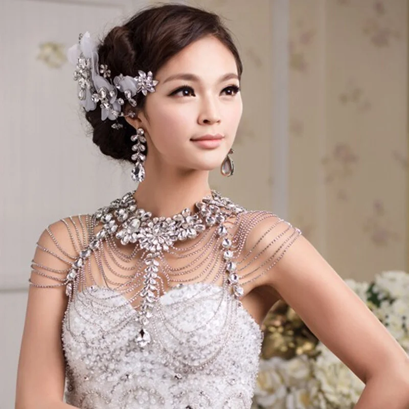 Vintage Luxury Wedding Jewelry Long Crystal Necklace Chains Bridal Shoulder Strap Jewellery Chain Accessories For Women