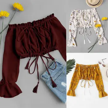 

2018 Brand New Fashion Women Ladies Summer Longsleeve Shirt Loose Casual Crop Tops T-Shirt Ruffled Flower Clothes