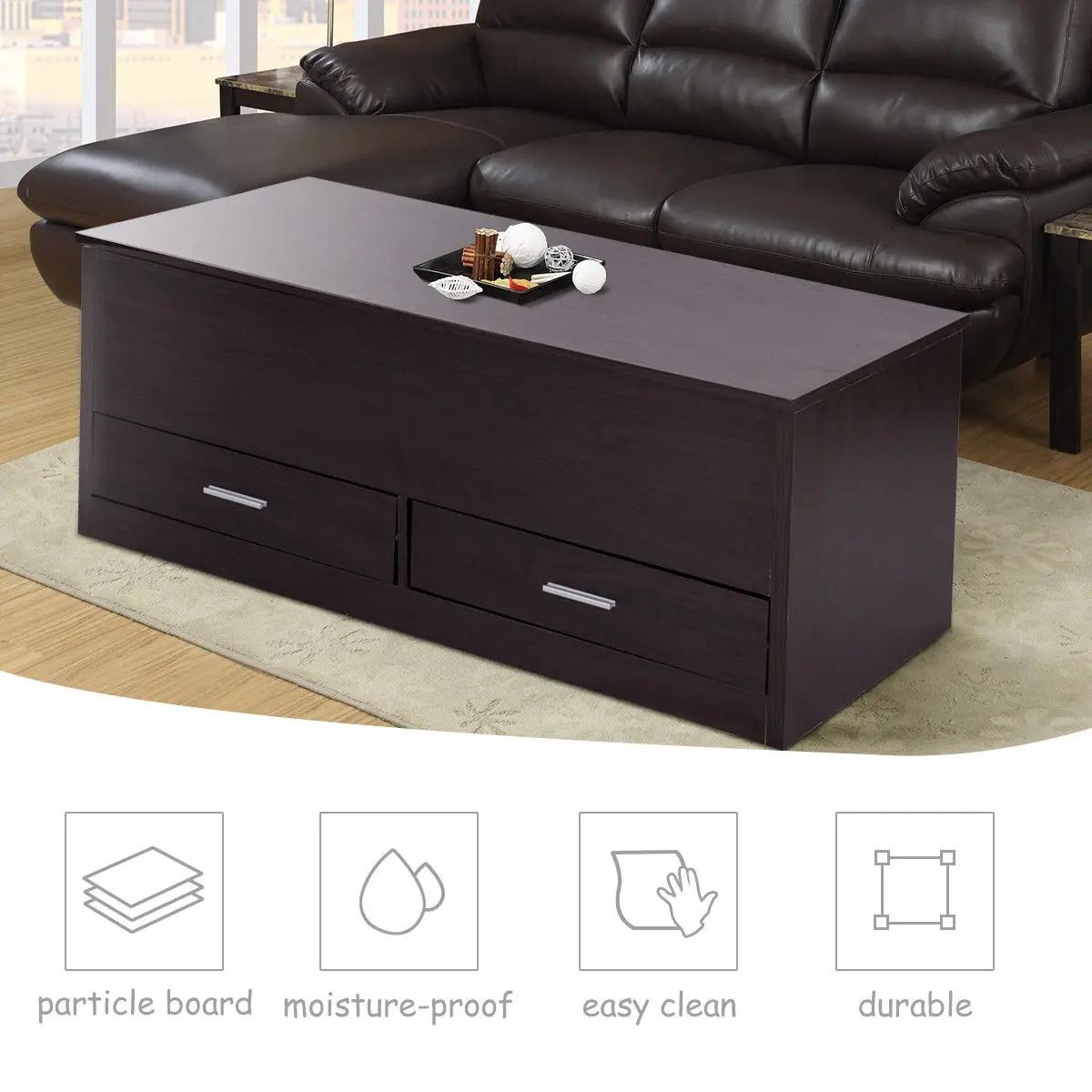Giantex Slide Top Coffee Table with Hidden Compartment and 2 Drawers Modern Wood Living Room Furniture HW56637