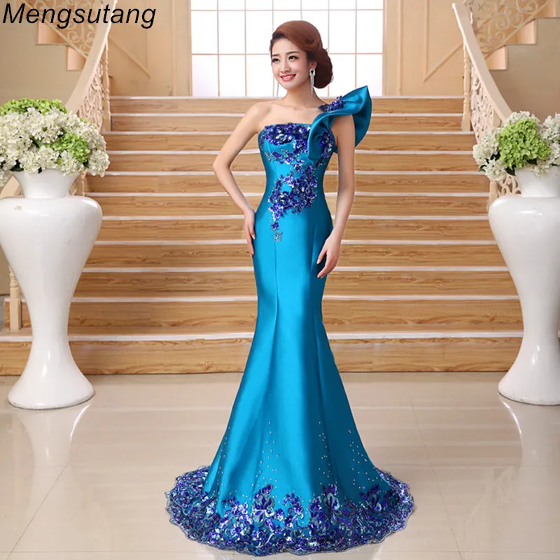 Robe de soiree elegant Blue one shoulder princess mermaid evening dress lace formal vestido de festa prom dresses party dresses