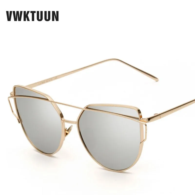 

VWKTUUN Twin Beams Sunglasses Women Cat Eye Brand Designer Rose Gold Mirror Sunglasses For Women Reflective Flat Lens Glasses