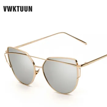 

VWKTUUN Twin Beams Sunglasses Women Cat Eye Brand Designer Rose Gold Mirror Sunglasses For Women Reflective Flat Lens Glasses