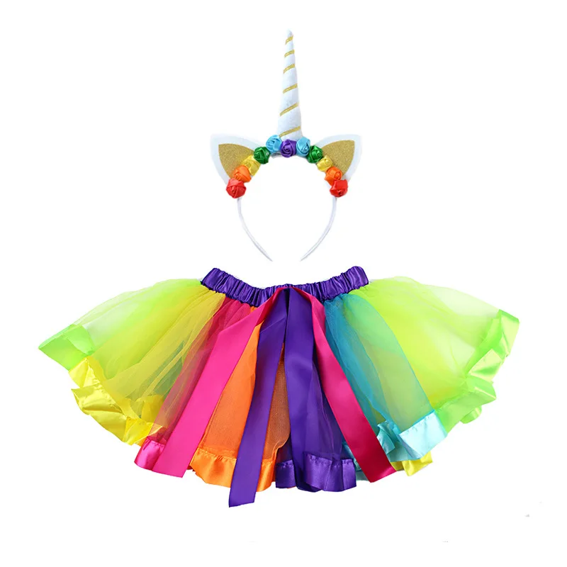 2 шт./компл. От 0 до 8 лет Одежда для маленьких девочек; юбки-пачки «Единорог», милая детская мягкая юбка из фатина+ головная повязка с отделкой "Цветок" пышная Радужная юбка-американка - Цвет: Rainbow B