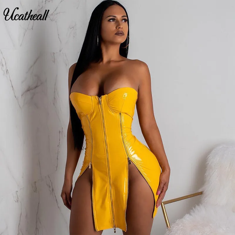 

Sexy PU Leather Women Summer Dress Split 2018 Sleeveless Strapless Club Mini Bodycon Front Zipper Dress Party Vestidos