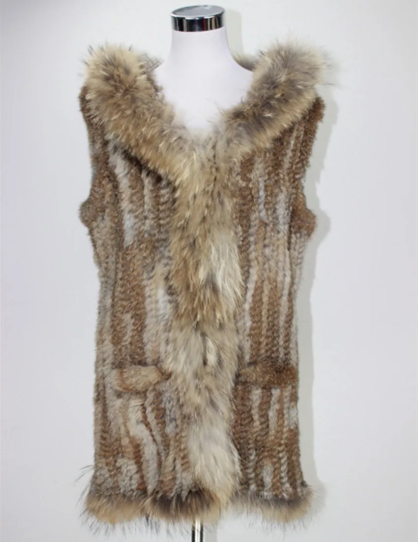 MLHXFUR Long Knitted rabbit fur hooded vest crochet fur Cardigan vests