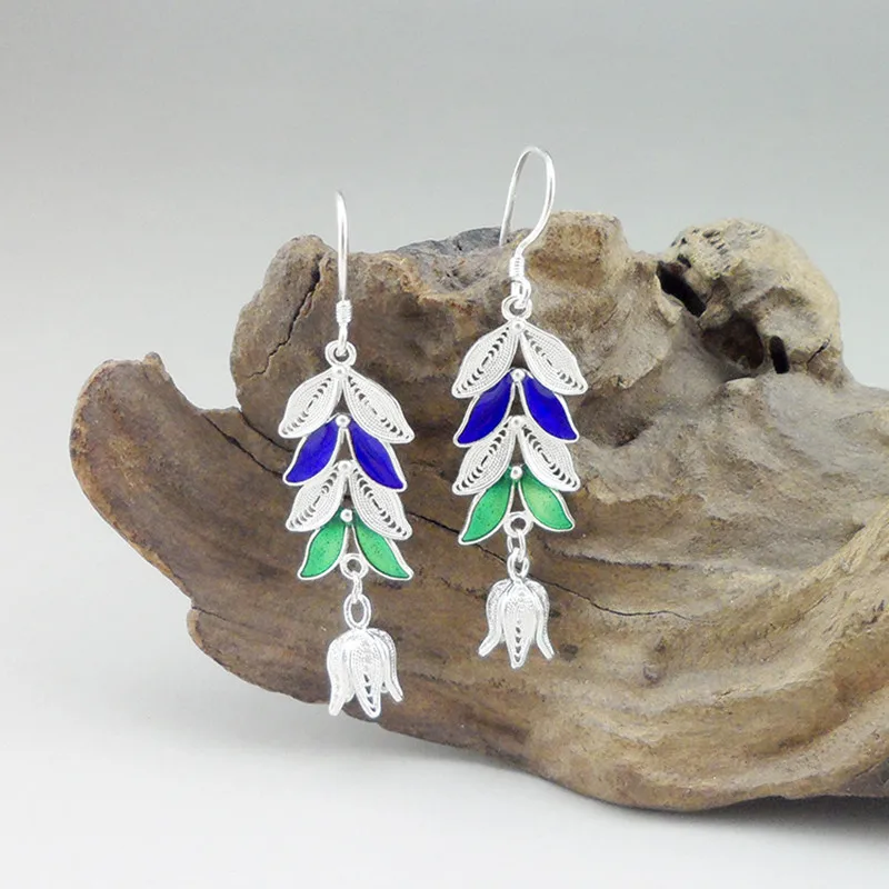 

Rose Drop Earing Chinese Handmade Vintage Earings 999 Sterling Silver Jewelry Korean Cloisonne Enamel Flower Earrings For Women