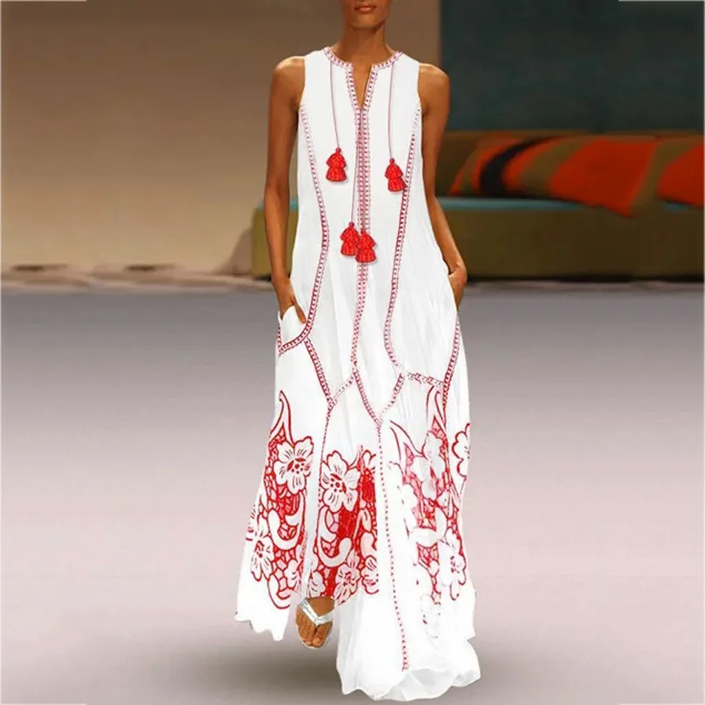 

Feitong Baggy Kaftan Long Dress Women Elegant Sleeveless Vestido Dress Self Belted Ruched Evening Party Dres Robe Longue Femme