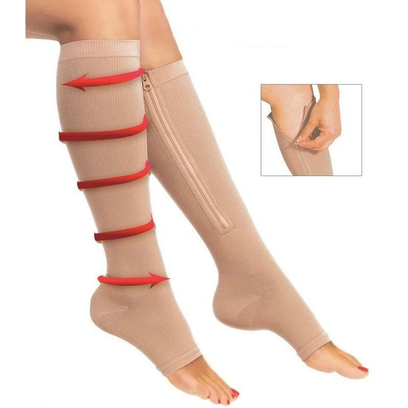 

1 Pairs Women Zipper Medical Compression Socks Zip Leg Support Knee Sox Open Toe Sock Slim Perfect Legs Leak Toe Black Khaki