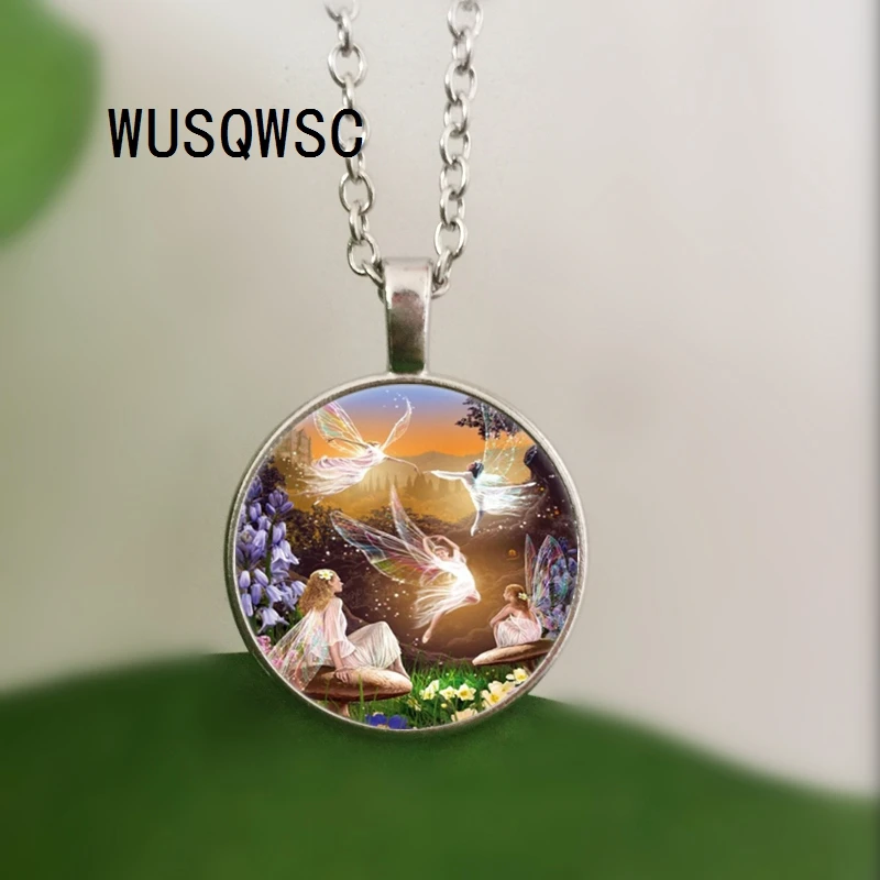 

WUSQWSC Fairy Ballet Photo Tibet Silver Cabochon Glass Pendant Chain Necklace
